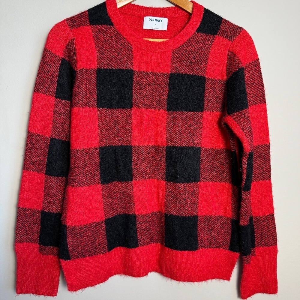 Old‎ Navy Women's Red Buffalo Square Long Sleeve Acrylic Blend Sweater Medium